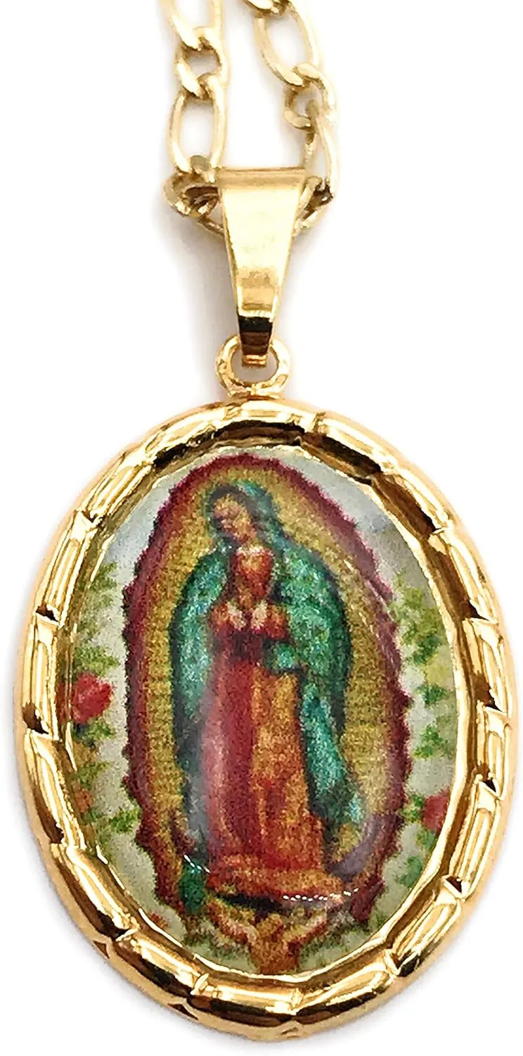 LESLIE BOULES Virgen de Guadalupe Medal Necklace for Women 18K Gold Plated Chain