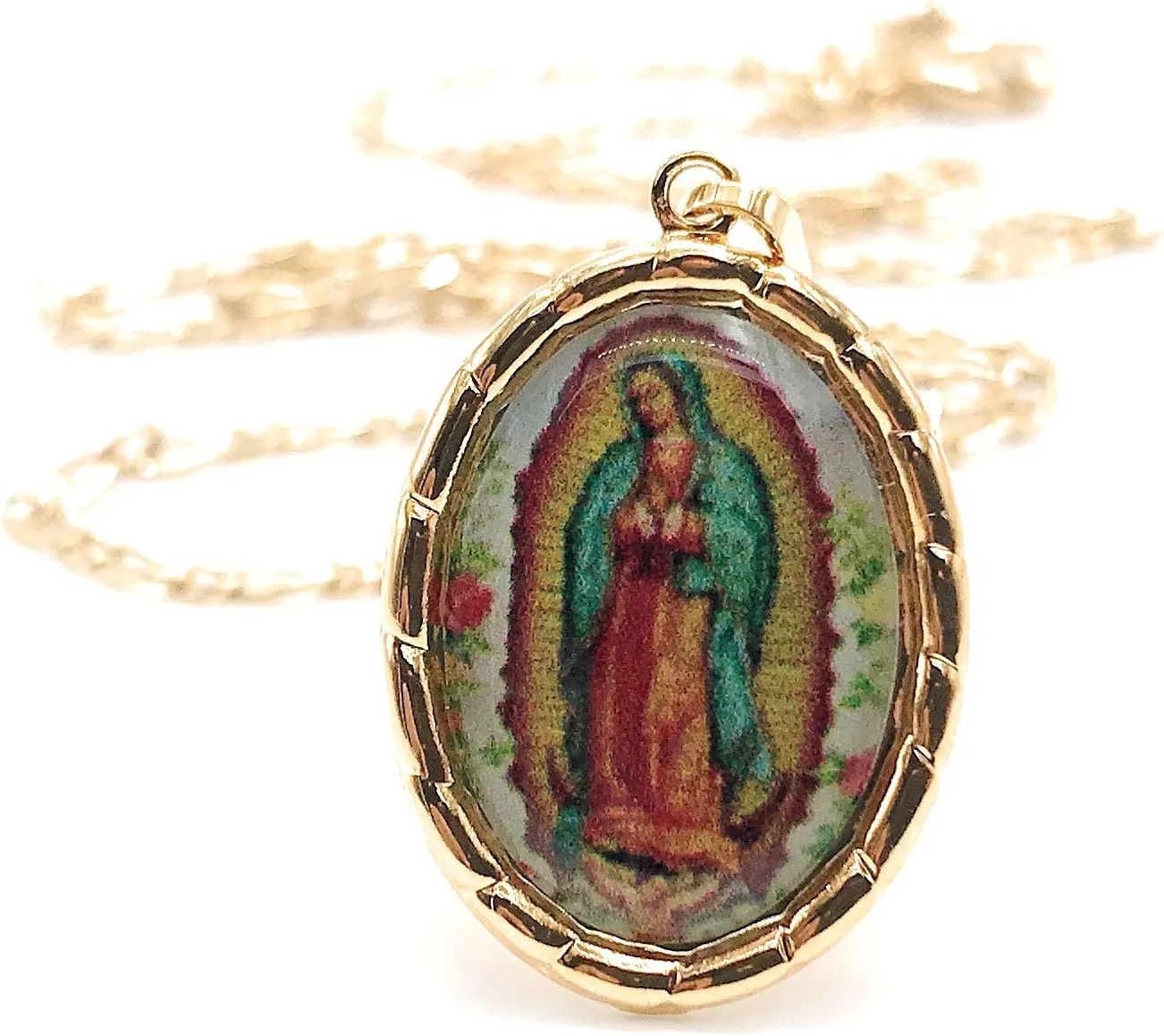 LESLIE BOULES Virgen de Guadalupe Medal Necklace for Women 18K Gold Plated Chain