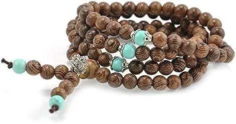 LEVINE HandstringNew 108 Wood Meditation Prayer Bead Bracelet, Sandalwood, Turquoise