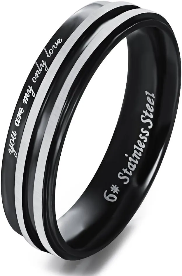 LF 2Pcs Stainless Steel Black Plated you are my only love Quote Wedding Band Couple Rings for Him Her Promise Valentine Gift
