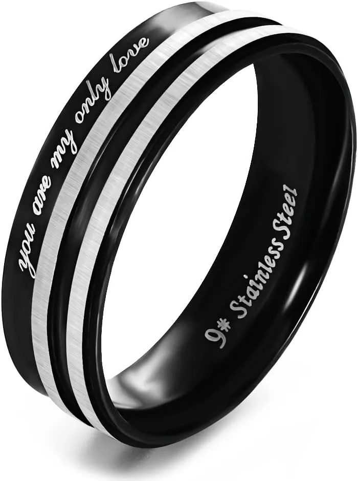 LF 2Pcs Stainless Steel Black Plated you are my only love Quote Wedding Band Couple Rings for Him Her Promise Valentine Gift