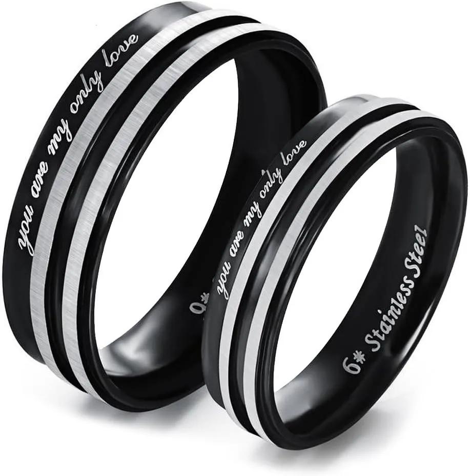 LF 2Pcs Stainless Steel Black Plated you are my only love Quote Wedding Band Couple Rings for Him Her Promise Valentine Gift