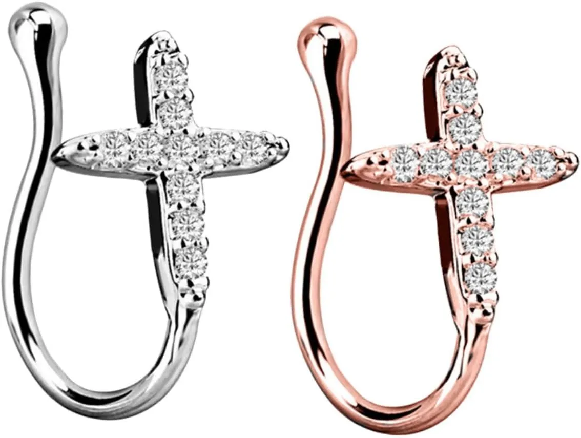 LIFKOME 2Pcs Clip Fake Septum Rings with Rhinestones Non Piercing Nose Cuff Fashionable Faux Nose Hoops for Women Easy to Wear Everyday Jewelry