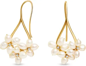 LILY LUSTRE 14k Gold Plated Handpicked AAAA Quality Natural White Freshwater Cultured Pearl Earrings, Triple Pearl Flower Design Petite Cz Accents Drop Dangle Fishhook Earrings for Women