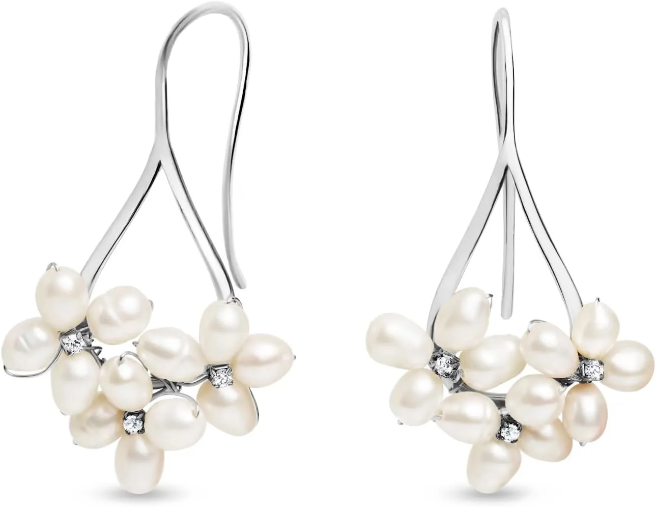 LILY LUSTRE 14k Gold Plated Handpicked AAAA Quality Natural White Freshwater Cultured Pearl Earrings, Triple Pearl Flower Design Petite Cz Accents Drop Dangle Fishhook Earrings for Women