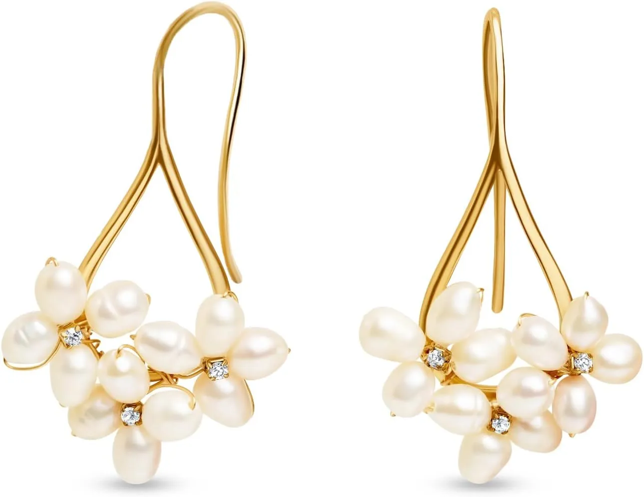 LILY LUSTRE 14k Gold Plated Handpicked AAAA Quality Natural White Freshwater Cultured Pearl Earrings, Triple Pearl Flower Design Petite Cz Accents Drop Dangle Fishhook Earrings for Women