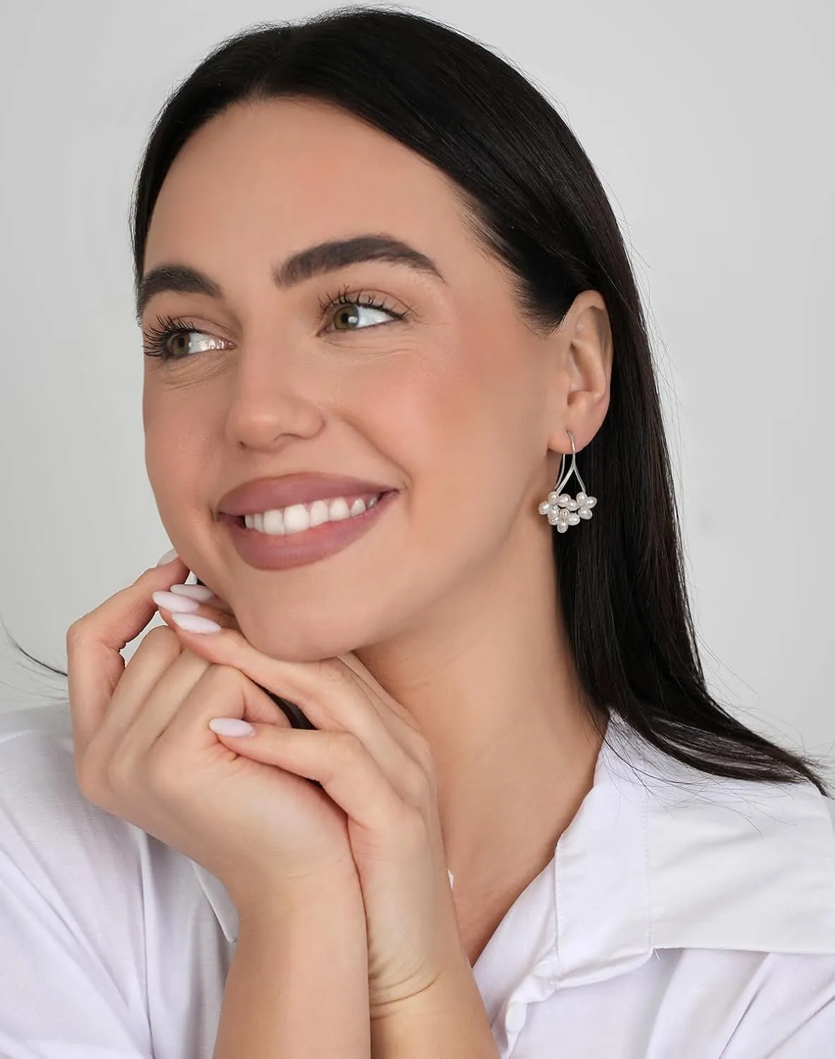 LILY LUSTRE 14k Gold Plated Handpicked AAAA Quality Natural White Freshwater Cultured Pearl Earrings, Triple Pearl Flower Design Petite Cz Accents Drop Dangle Fishhook Earrings for Women