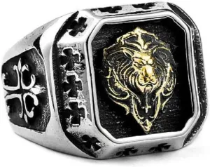 Lion Ring, Norse Viking Lion Head Ring for Men, Stainless Steel Gothic Lion Cross Biker Ring Punk Tiger Ring, Retro Rock Animal Jewelry for Men