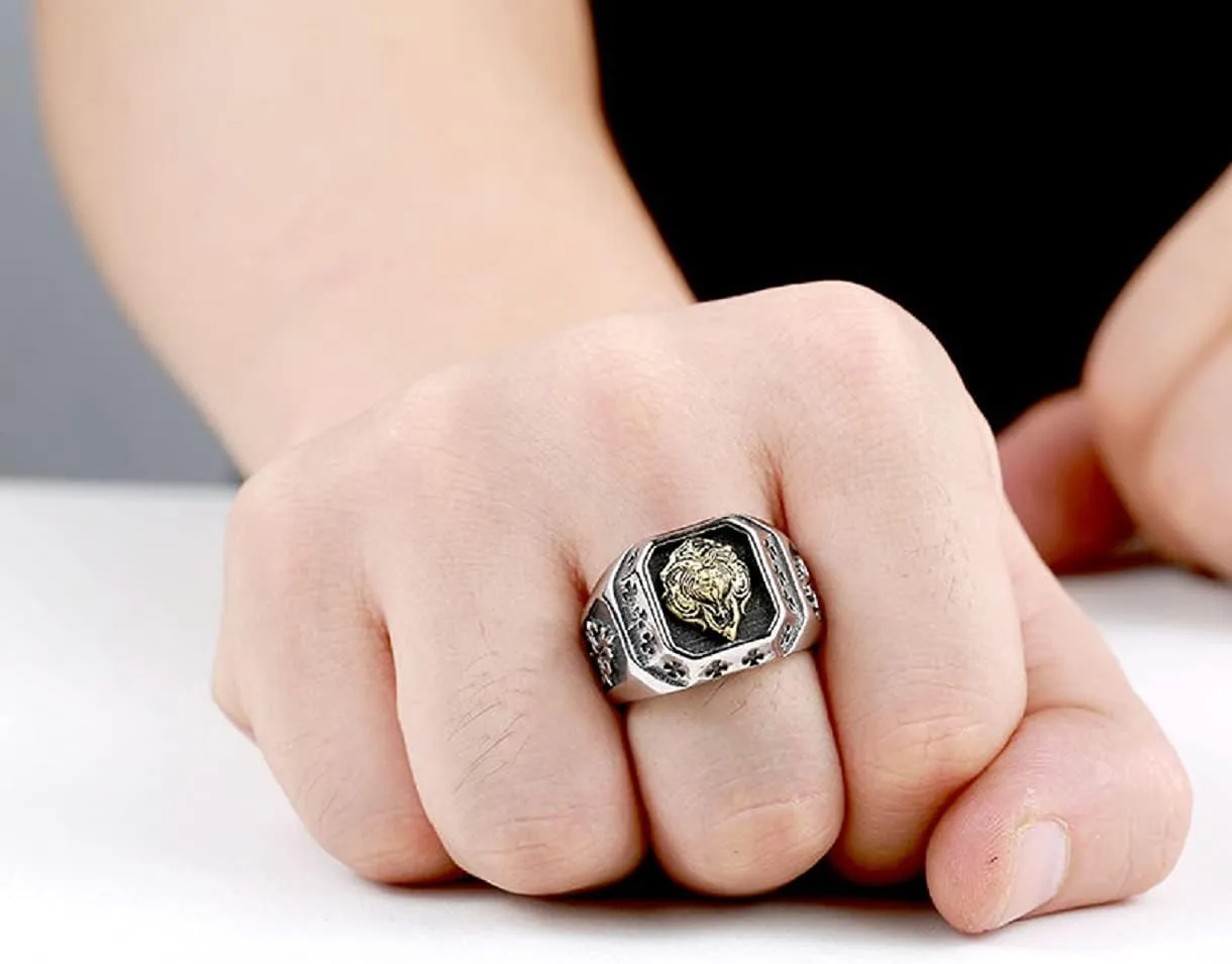 Lion Ring, Norse Viking Lion Head Ring for Men, Stainless Steel Gothic Lion Cross Biker Ring Punk Tiger Ring, Retro Rock Animal Jewelry for Men