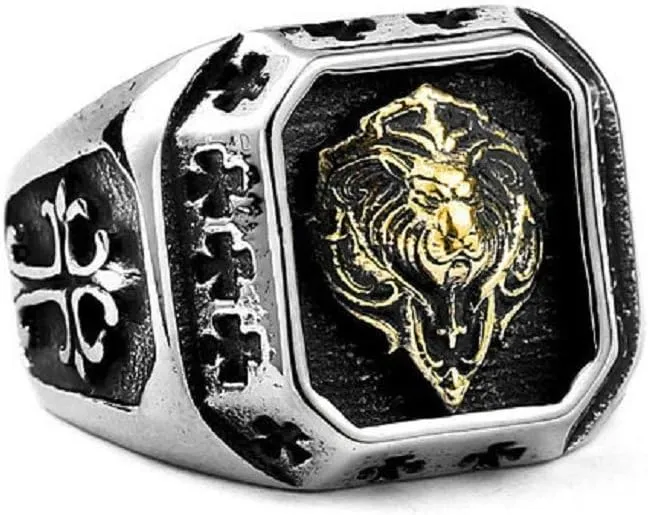 Lion Ring, Norse Viking Lion Head Ring for Men, Stainless Steel Gothic Lion Cross Biker Ring Punk Tiger Ring, Retro Rock Animal Jewelry for Men