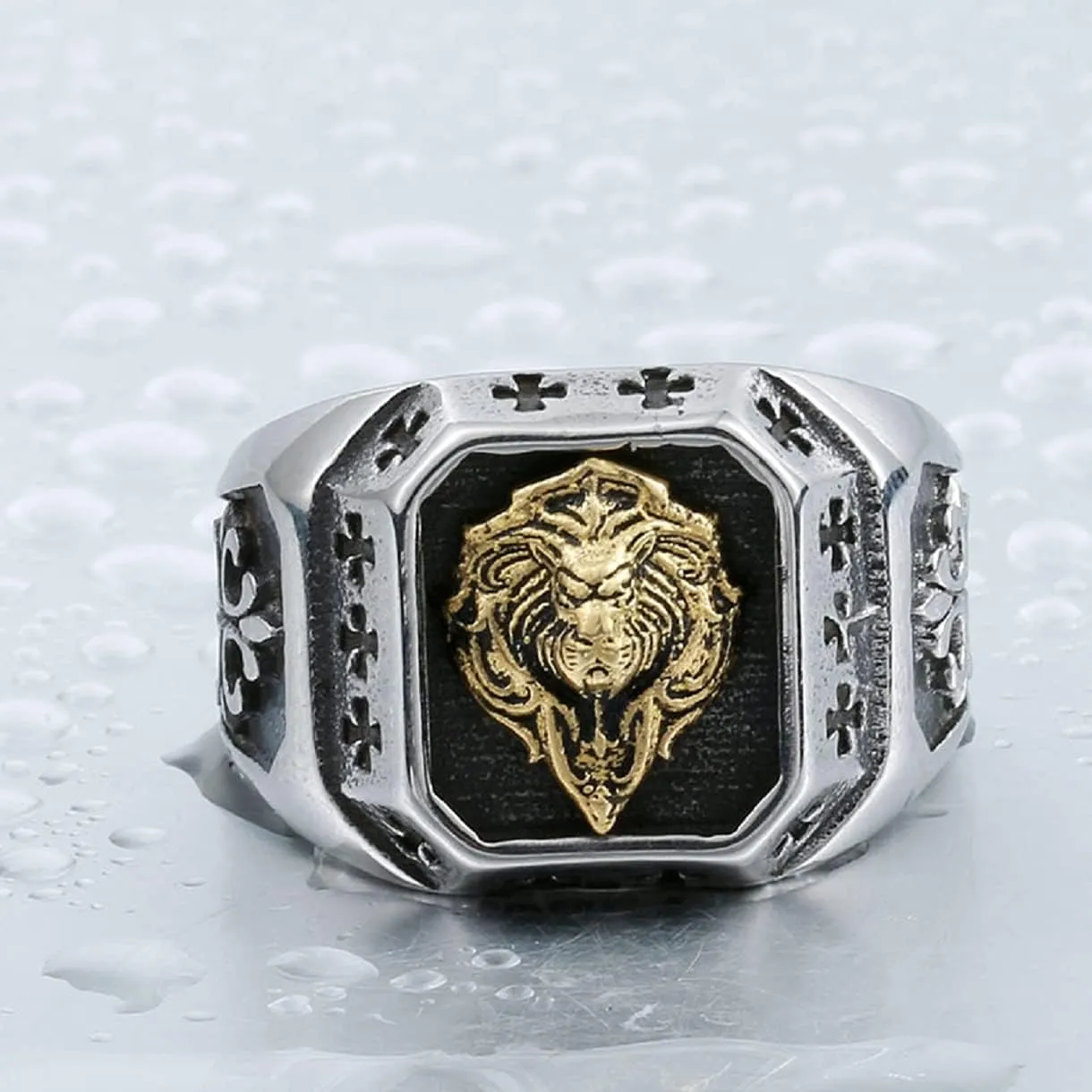 Lion Ring, Norse Viking Lion Head Ring for Men, Stainless Steel Gothic Lion Cross Biker Ring Punk Tiger Ring, Retro Rock Animal Jewelry for Men