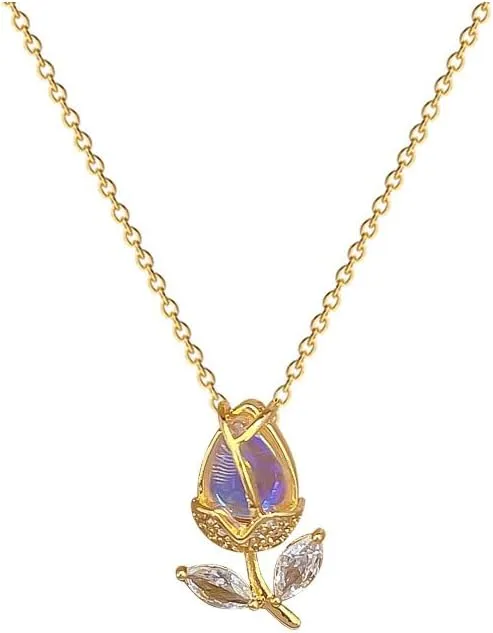 LIU JUN Flower Necklace For Women, 14k Gold Tulip CZ Leaf Opal Bud Pendant O Shape Stainless Steel Chain Choker Statement Gift Jewelry