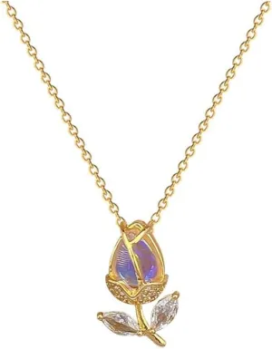 LIU JUN Flower Necklace For Women, 14k Gold Tulip CZ Leaf Opal Bud Pendant O Shape Stainless Steel Chain Choker Statement Gift Jewelry