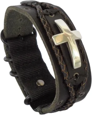 Lost Tribe Designs Men's Adjustable Leather Cuff Bracelet with Christian Cross