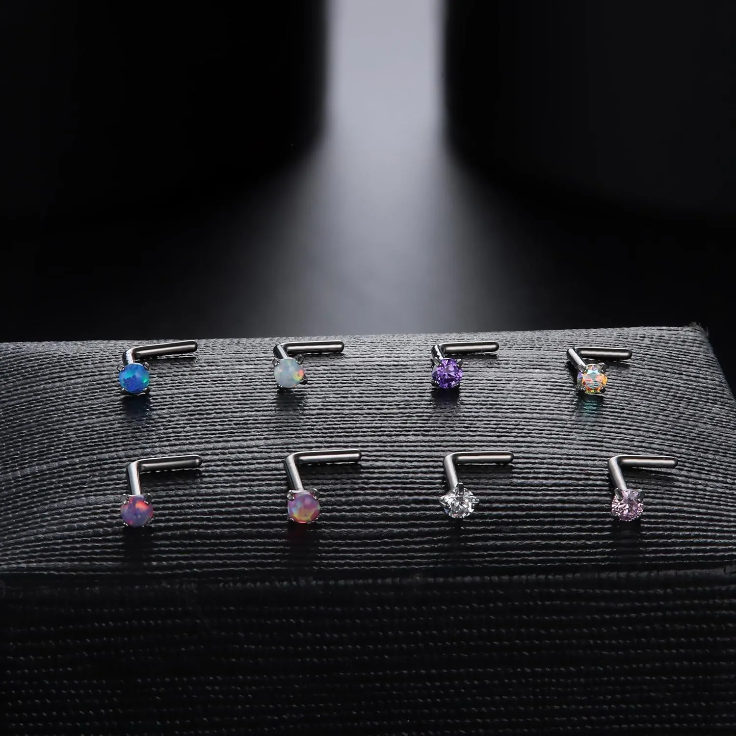 LOYALLOOK 8PCS Nose Rings Studs Titanium Nose Rings CZ Opal L Shaped Screw Studs Rings for Women Nose Screw Studs 18G/20G Samll Nose Stud Corkscrew Nose Rings Piercing Jewelry, 2mm