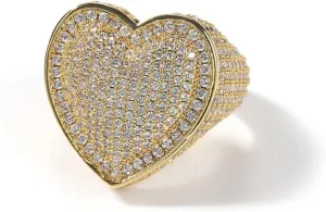 Lulu Mel Iced Out Jewelry Heart Shape Engagement Gold Ring,14k Gold Plating Cz Micro Setting Shiny Ins Style Bling Engagement Ring Gold Rose Gold Big Size Heart Ring For Men Women