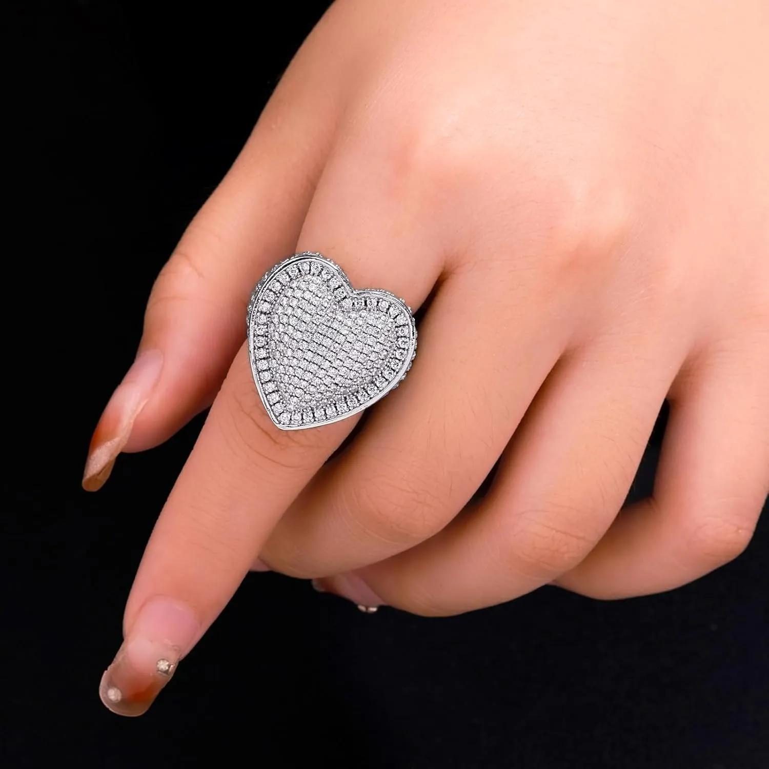 Lulu Mel Iced Out Jewelry Heart Shape Engagement Gold Ring,14k Gold Plating Cz Micro Setting Shiny Ins Style Bling Engagement Ring Gold Rose Gold Big Size Heart Ring For Men Women