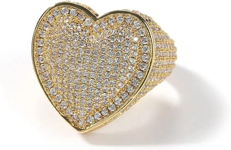 Lulu Mel Iced Out Jewelry Heart Shape Engagement Gold Ring,14k Gold Plating Cz Micro Setting Shiny Ins Style Bling Engagement Ring Gold Rose Gold Big Size Heart Ring For Men Women
