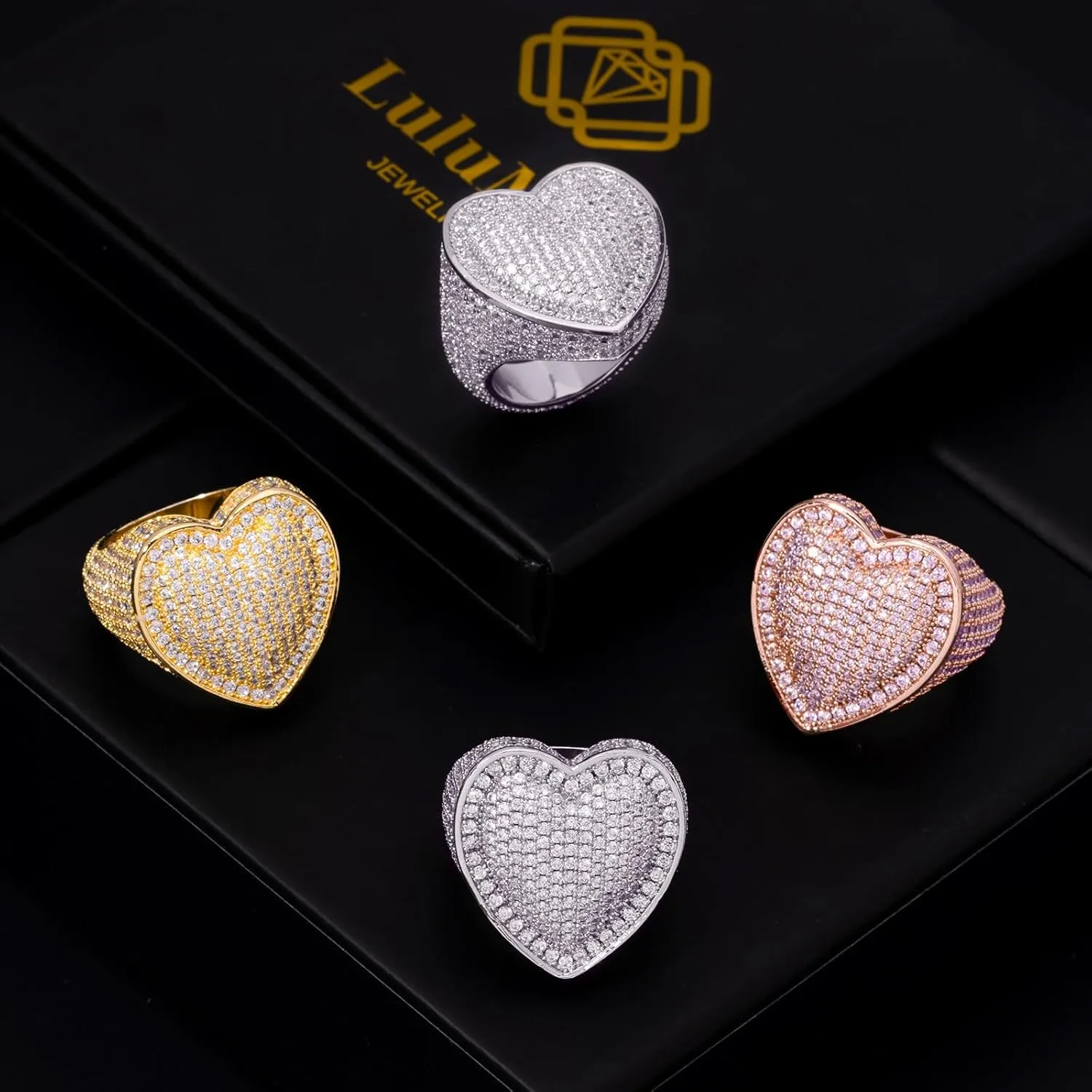 Lulu Mel Iced Out Jewelry Heart Shape Engagement Gold Ring,14k Gold Plating Cz Micro Setting Shiny Ins Style Bling Engagement Ring Gold Rose Gold Big Size Heart Ring For Men Women