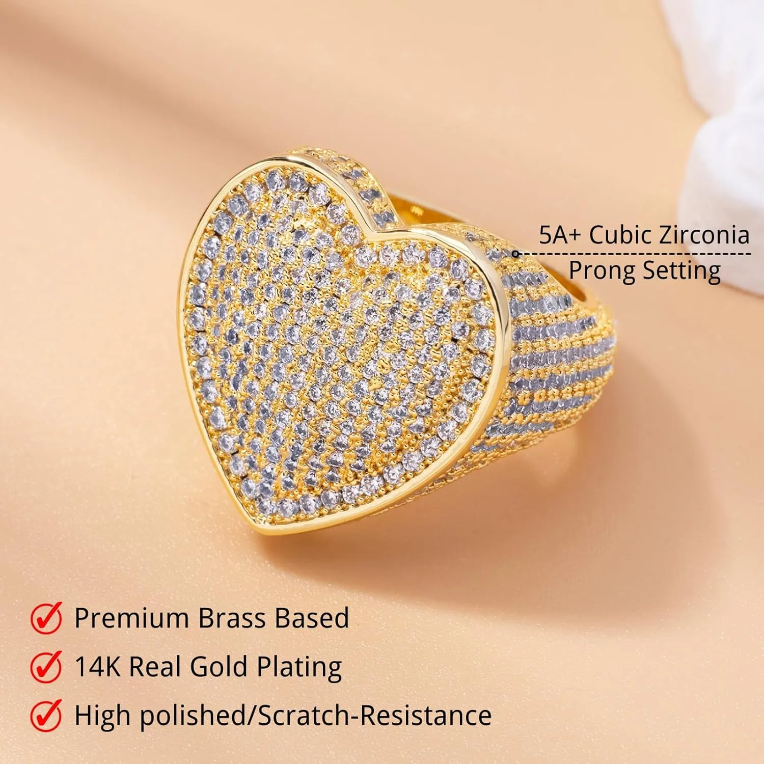 Lulu Mel Iced Out Jewelry Heart Shape Engagement Gold Ring,14k Gold Plating Cz Micro Setting Shiny Ins Style Bling Engagement Ring Gold Rose Gold Big Size Heart Ring For Men Women