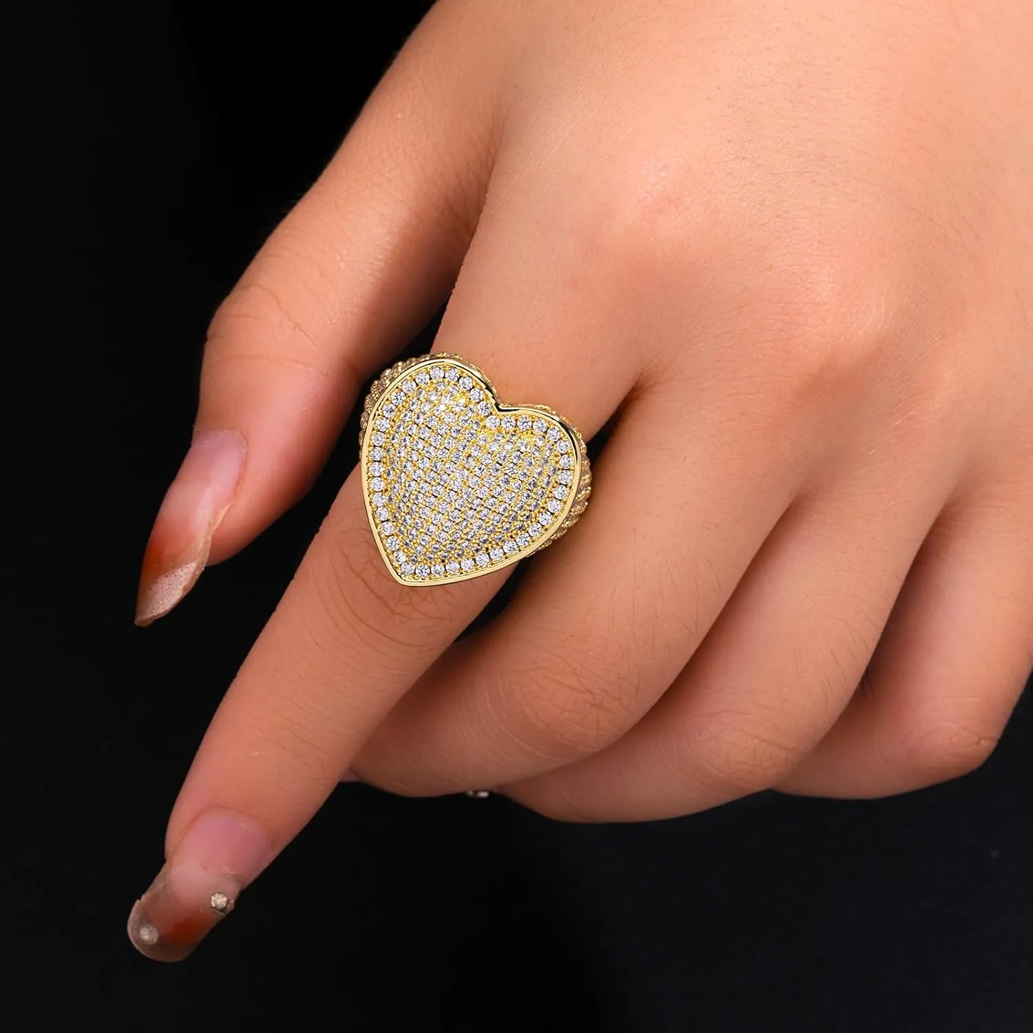 Lulu Mel Iced Out Jewelry Heart Shape Engagement Gold Ring,14k Gold Plating Cz Micro Setting Shiny Ins Style Bling Engagement Ring Gold Rose Gold Big Size Heart Ring For Men Women