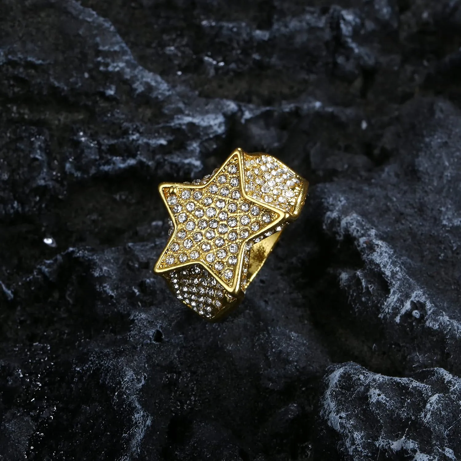 Magitaco 4Pcs 18K Gold Plated Bling Pinky Ring Simulated Diamond Iced Out Big Star Square CZ Punky Rappers Cool Hip Hop Ring for Men