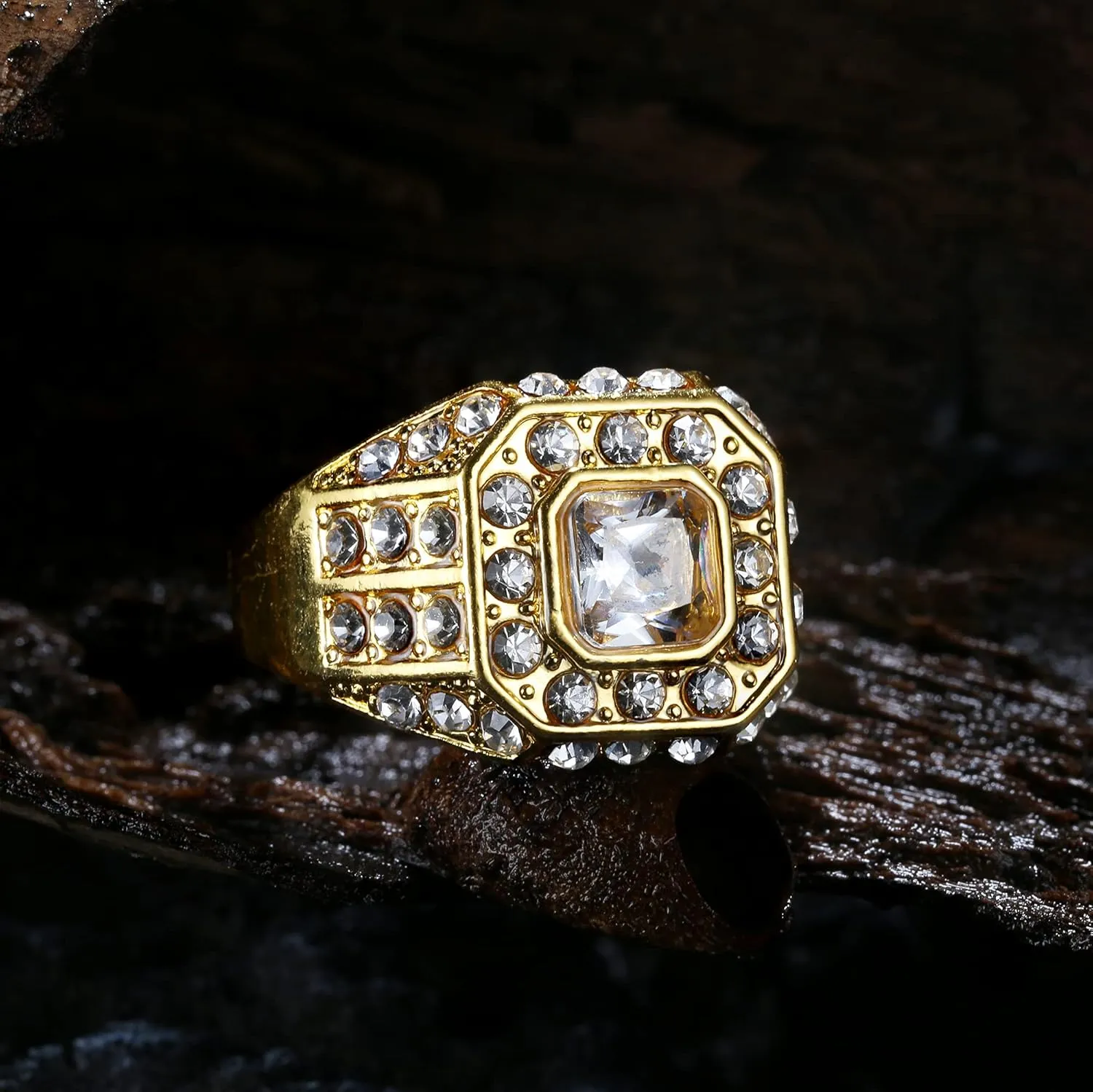 Magitaco 4Pcs 18K Gold Plated Bling Pinky Ring Simulated Diamond Iced Out Big Star Square CZ Punky Rappers Cool Hip Hop Ring for Men