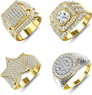 Magitaco 4Pcs 18K Gold Plated Bling Pinky Ring Simulated Diamond Iced Out Big Star Square CZ Punky Rappers Cool Hip Hop Ring for Men