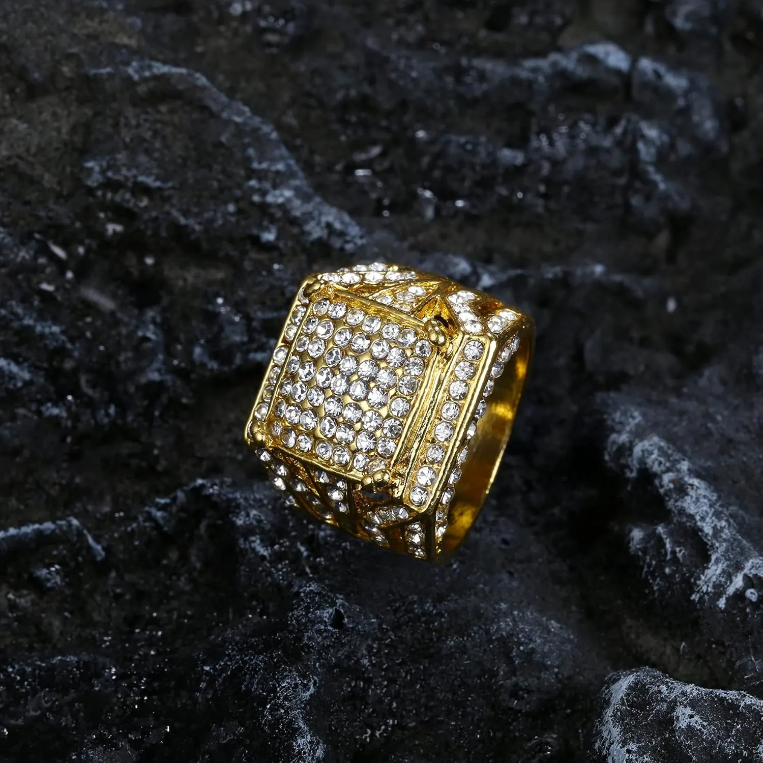 Magitaco 4Pcs 18K Gold Plated Bling Pinky Ring Simulated Diamond Iced Out Big Star Square CZ Punky Rappers Cool Hip Hop Ring for Men