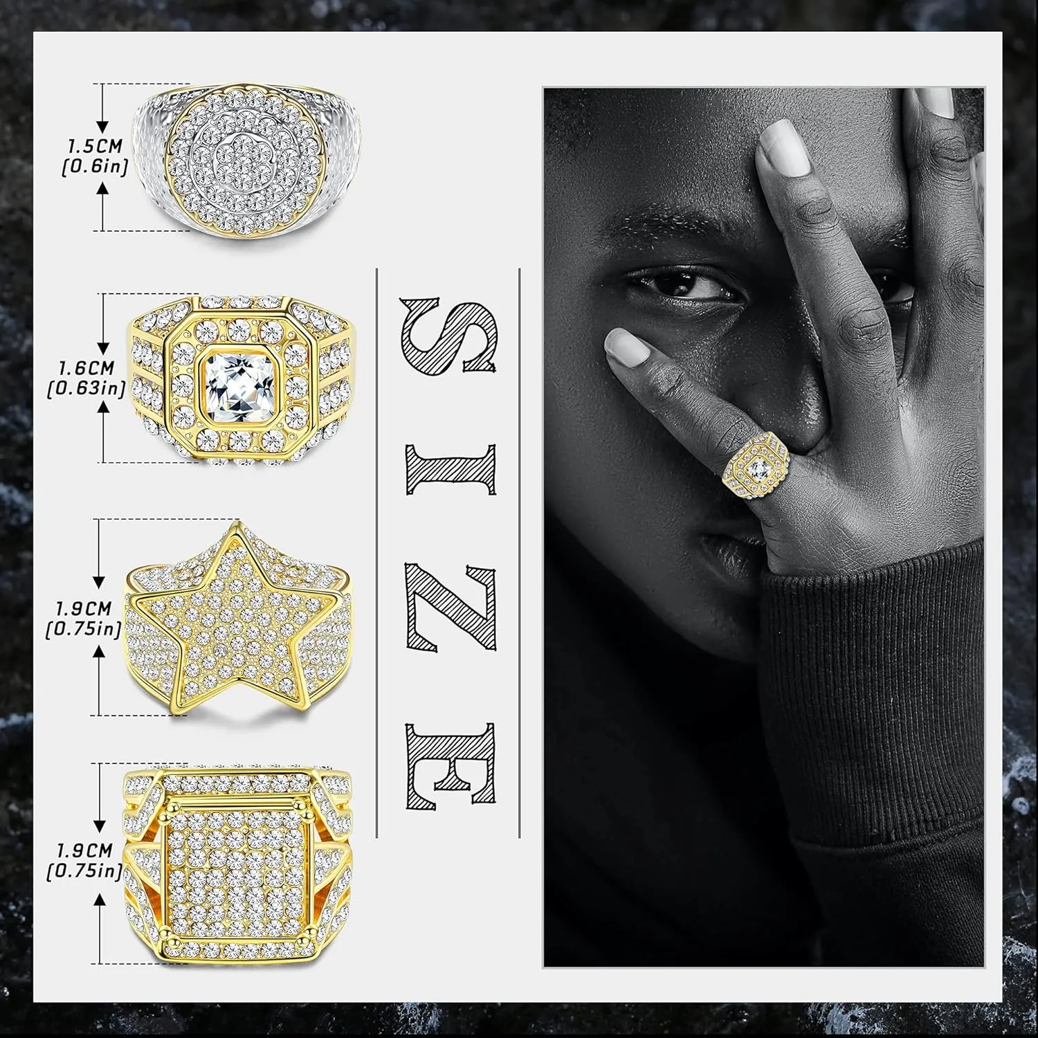 Magitaco 4Pcs 18K Gold Plated Bling Pinky Ring Simulated Diamond Iced Out Big Star Square CZ Punky Rappers Cool Hip Hop Ring for Men