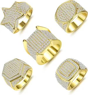 Magitaco 5pcs 18K Gold Plated Bling Pinky Ring with Simulated Diamond Iced Out Big Star Square CZ Punky Rappers Cool Hip Hop Ring for Men