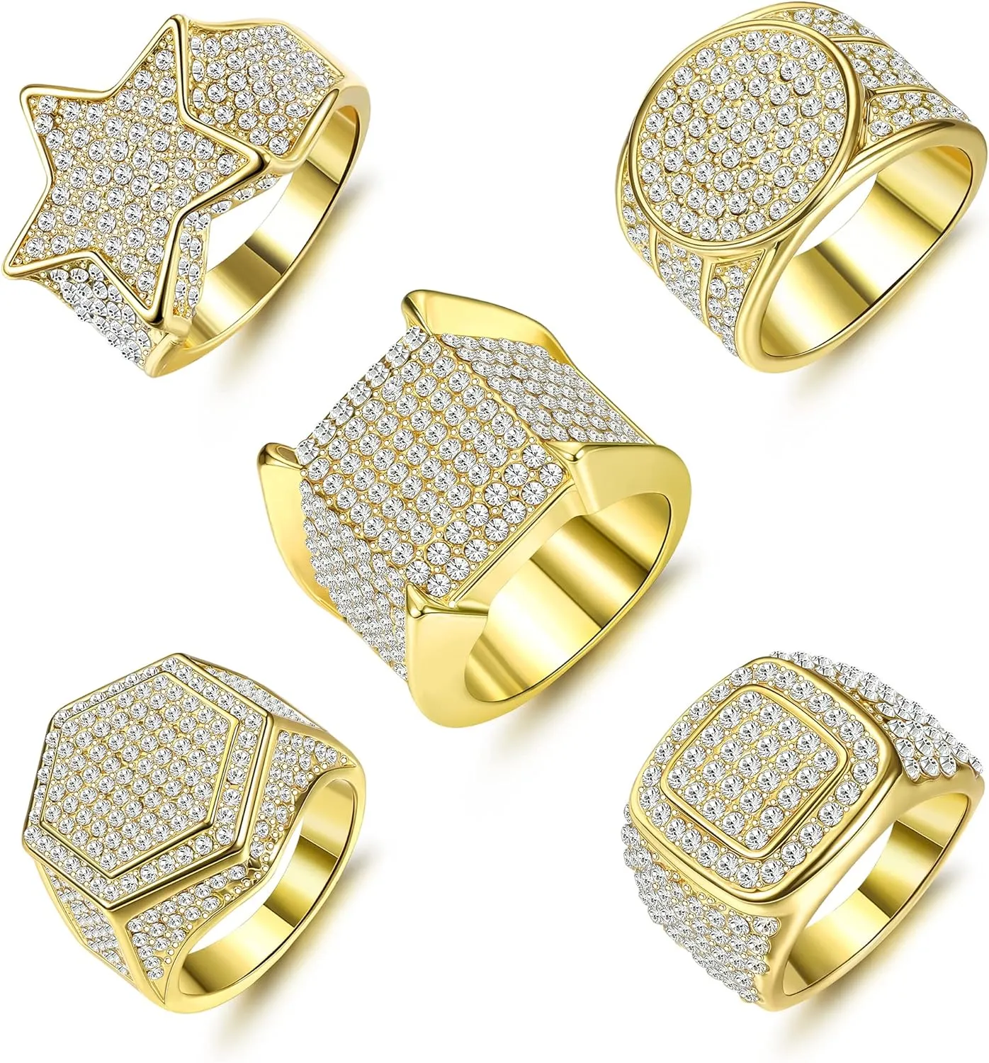 Magitaco 5pcs 18K Gold Plated Bling Pinky Ring with Simulated Diamond Iced Out Big Star Square CZ Punky Rappers Cool Hip Hop Ring for Men