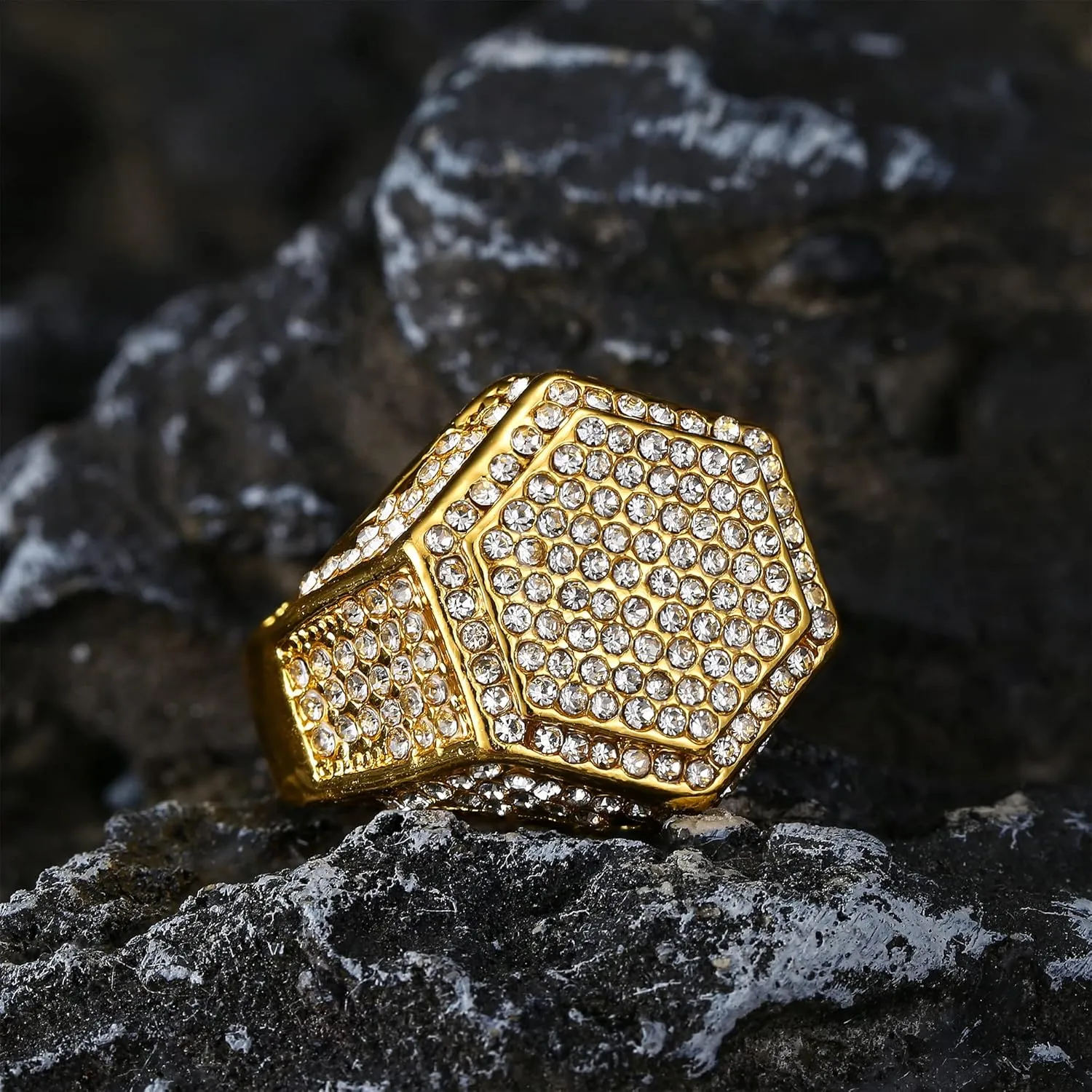 Magitaco 5pcs 18K Gold Plated Bling Pinky Ring with Simulated Diamond Iced Out Big Star Square CZ Punky Rappers Cool Hip Hop Ring for Men