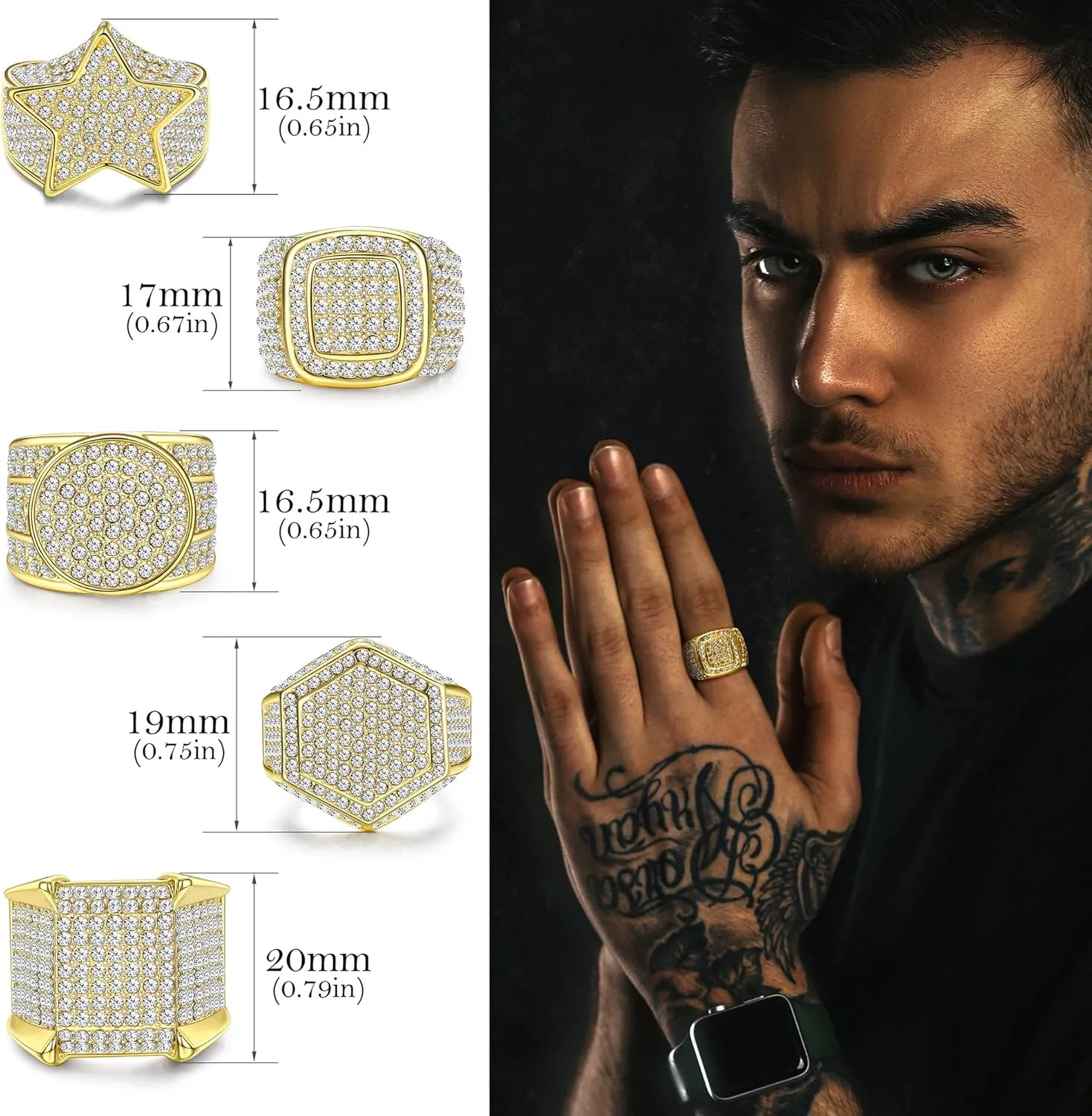 Magitaco 5pcs 18K Gold Plated Bling Pinky Ring with Simulated Diamond Iced Out Big Star Square CZ Punky Rappers Cool Hip Hop Ring for Men