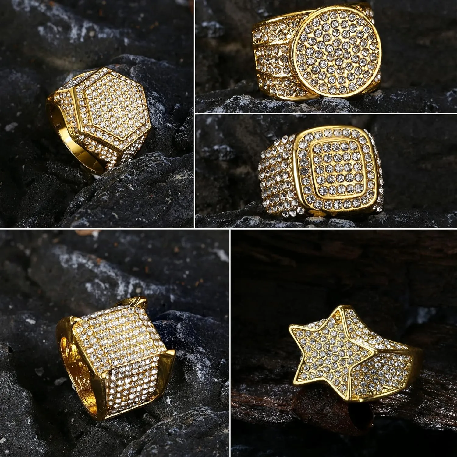 Magitaco 5pcs 18K Gold Plated Bling Pinky Ring with Simulated Diamond Iced Out Big Star Square CZ Punky Rappers Cool Hip Hop Ring for Men