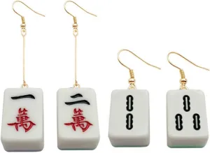 Mahjong Dangle Earrings for Women Unique Lucky Funny Play Mahjong Statement Earrings (2 Pairs)