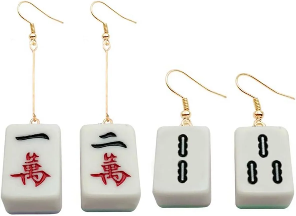 Mahjong Dangle Earrings for Women Unique Lucky Funny Play Mahjong Statement Earrings (2 Pairs)
