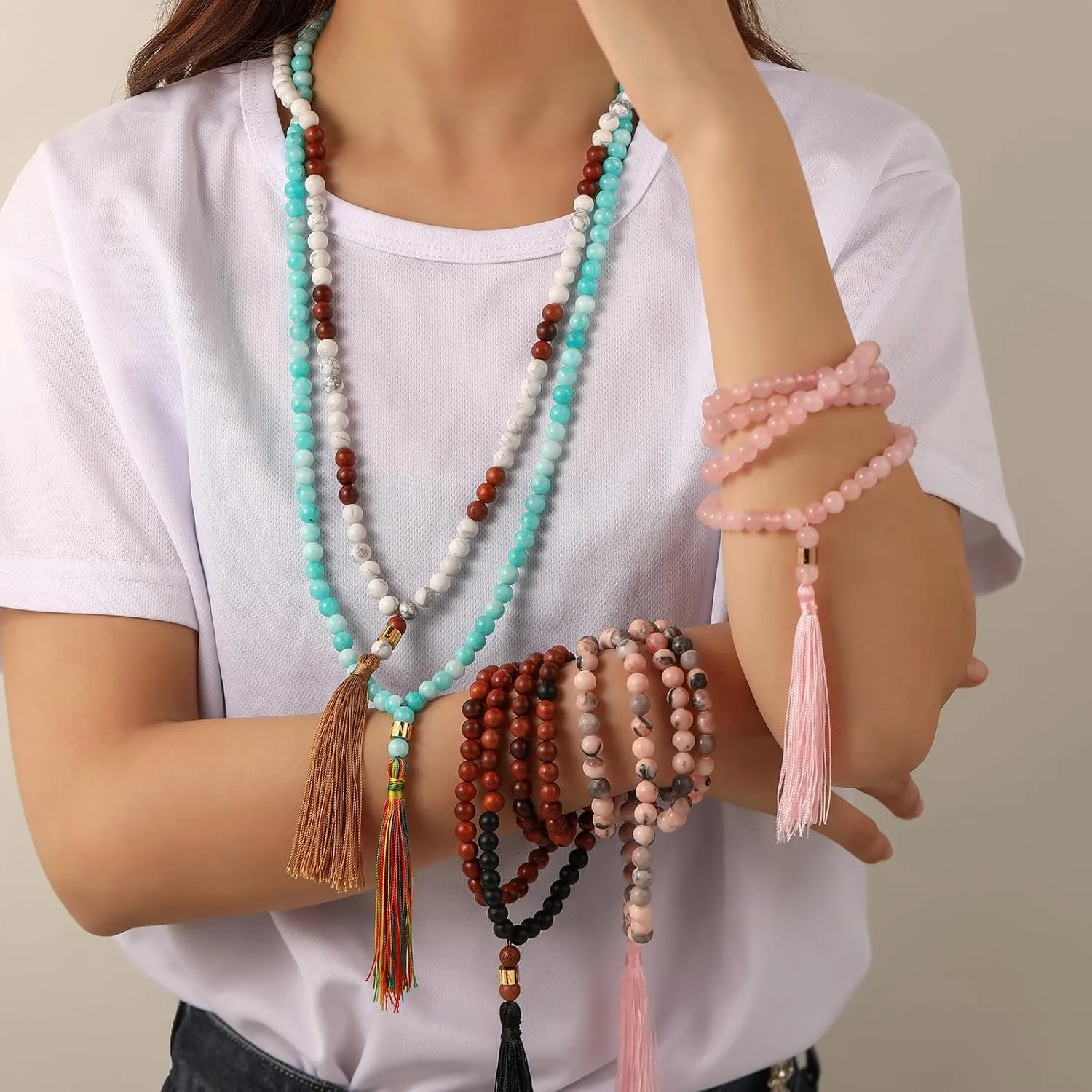 Mala Beads 108 Japamala Necklace With 18K Gold Plated Charm Meditation Necklace with Tassel Women & Men Natural Healing Crystal Jewelry - Buddhist Prayer Bead for Yoga and Spiritual Gift (8 mm)