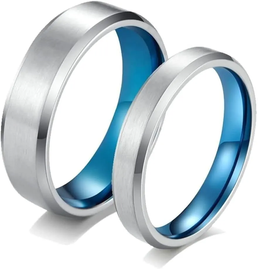 Male Silver Rings, Men's Stainless Steel Rings Silver Blue Brushed Ring with Beveled Edge Valentine's Day Couple Rings