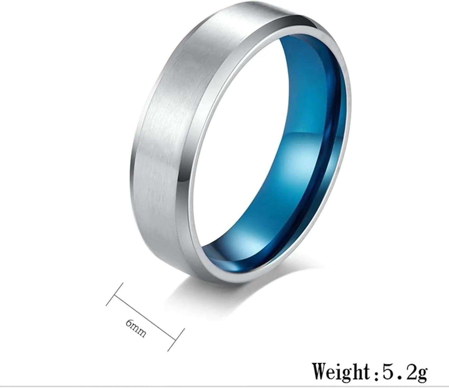 Male Silver Rings, Men's Stainless Steel Rings Silver Blue Brushed Ring with Beveled Edge Valentine's Day Couple Rings