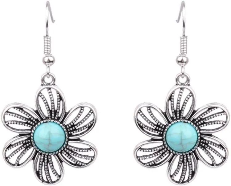 MALOYANVE Handmade Boho Earrings for Women Unique Vintage Bohemian Ethnic Tibetan Turquoise Engraved Flower Pattern Round Geometric Dangle Drop Statement Earrings Handmade Jewelry Gifts