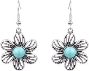 MALOYANVE Handmade Boho Earrings for Women Unique Vintage Bohemian Ethnic Tibetan Turquoise Engraved Flower Pattern Round Geometric Dangle Drop Statement Earrings Handmade Jewelry Gifts