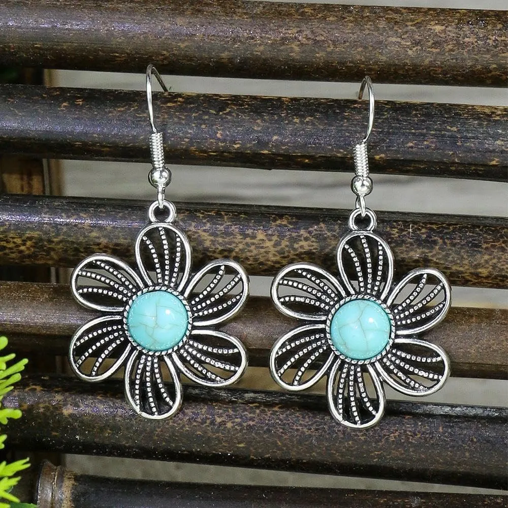 MALOYANVE Handmade Boho Earrings for Women Unique Vintage Bohemian Ethnic Tibetan Turquoise Engraved Flower Pattern Round Geometric Dangle Drop Statement Earrings Handmade Jewelry Gifts