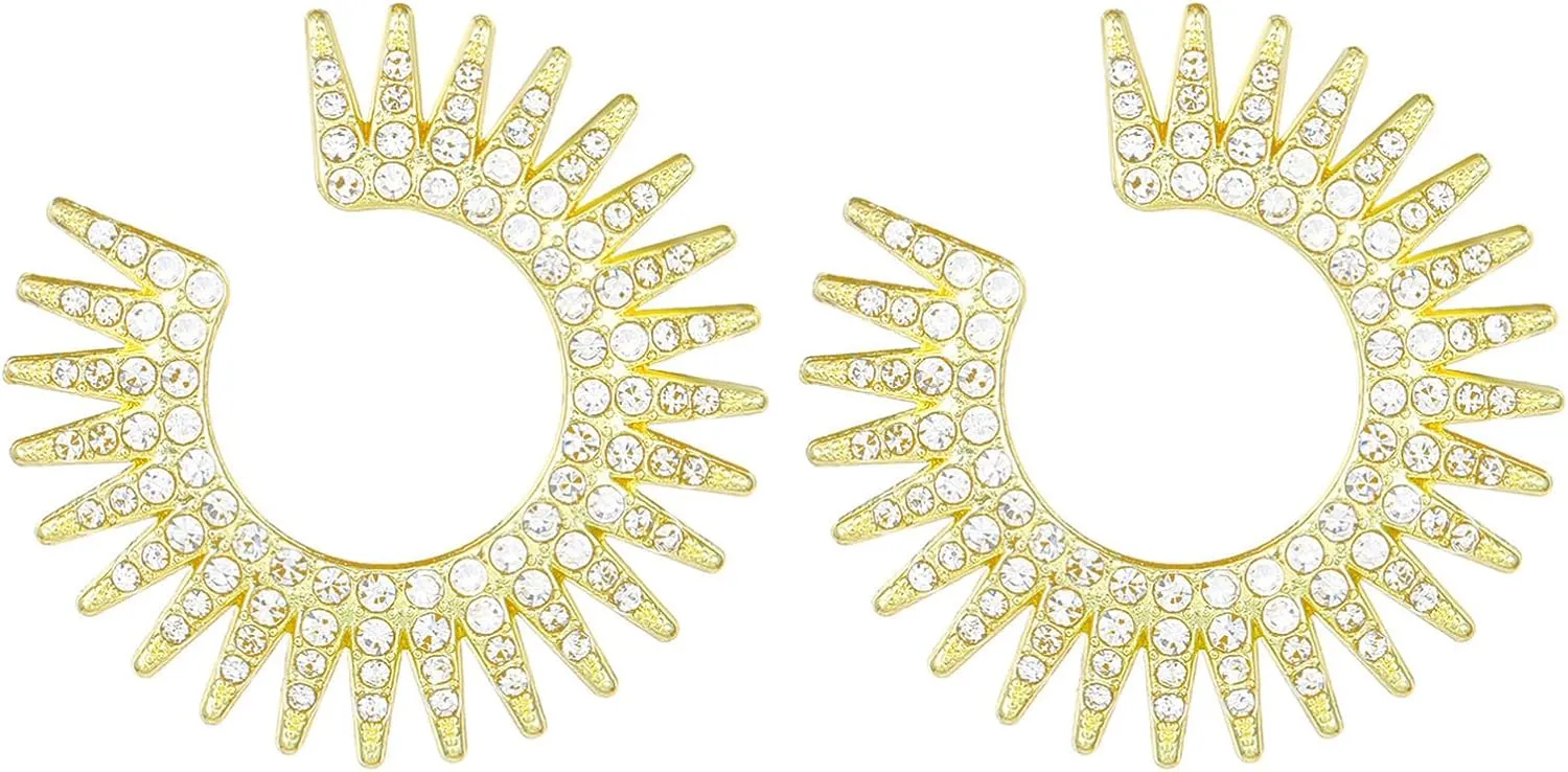 MALOYANVE Sun burst Earrings Delicate Spiky Sun Burst Rhinestone Chunky Textured Huggie Style Hinged Statement Stud Earrings Trendy Jewelry Gifts for Women
