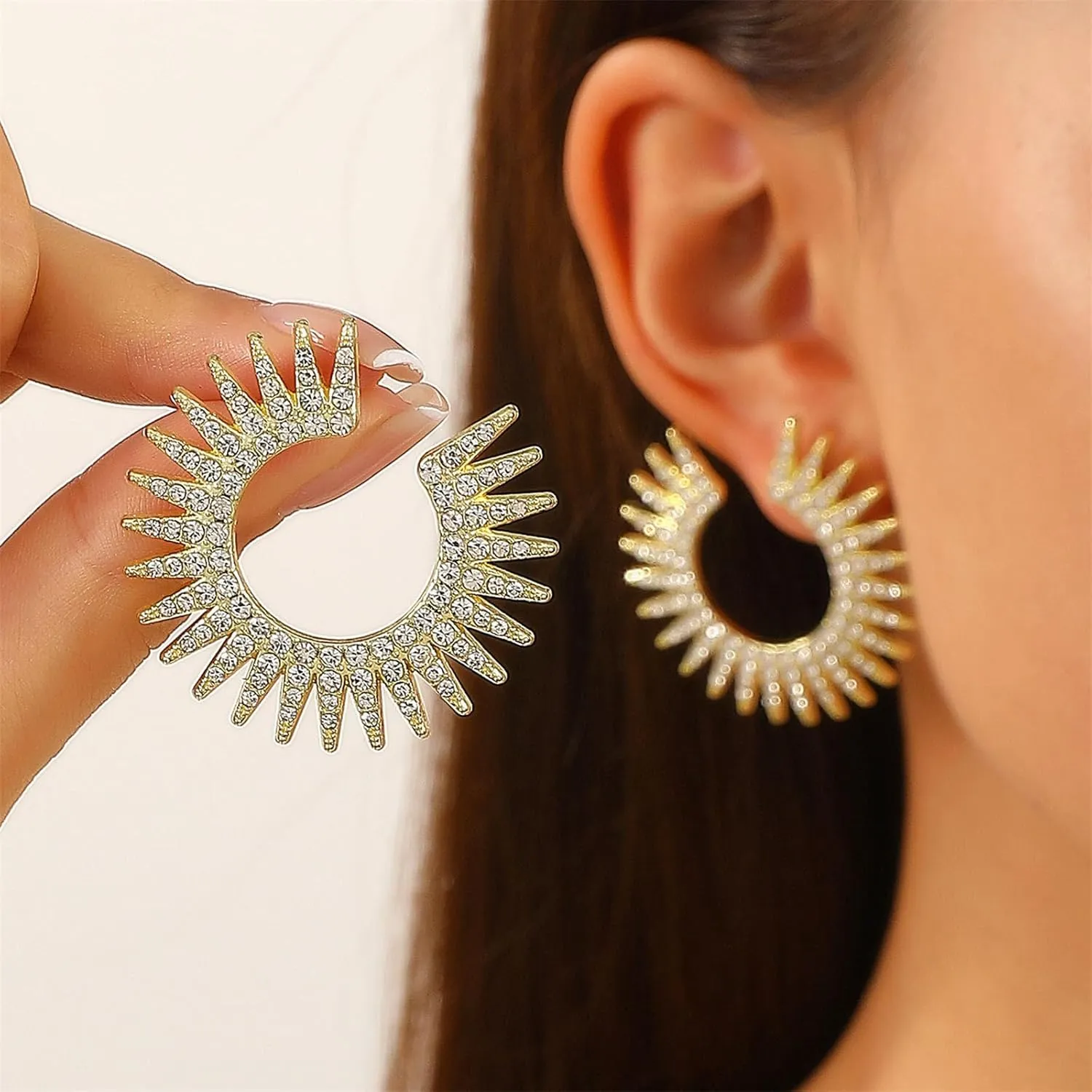 MALOYANVE Sun burst Earrings Delicate Spiky Sun Burst Rhinestone Chunky Textured Huggie Style Hinged Statement Stud Earrings Trendy Jewelry Gifts for Women