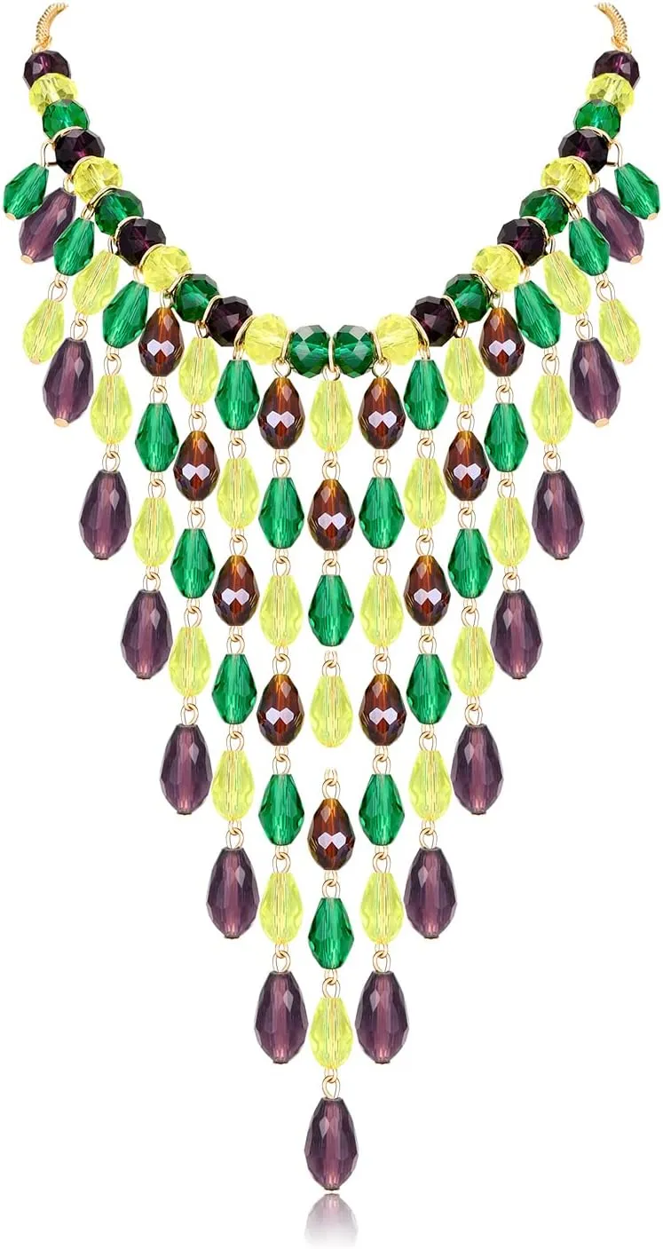 Mardi Gras Necklace for Women Multilayered Teardrop Beads Necklace Statement Colorful Crystal Bead Cluster Link Collar Necklace Mardi Gras Carnival Parade Party Necklace Jewelry Accessories Gift