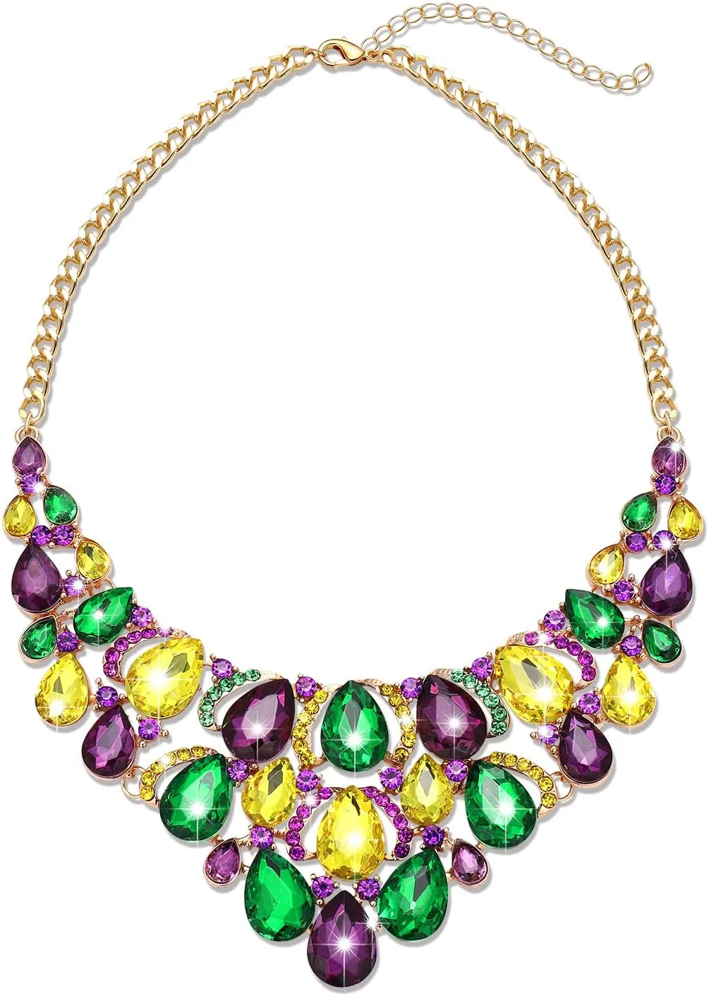 Mardi Gras Necklace Sparkly Rhinestone Crystal Beads Choker Necklace Statement Chunky Purple Green Gold Crystals Collar Necklace Mardi Gras Carnival Party Jewelry Accessories Gift
