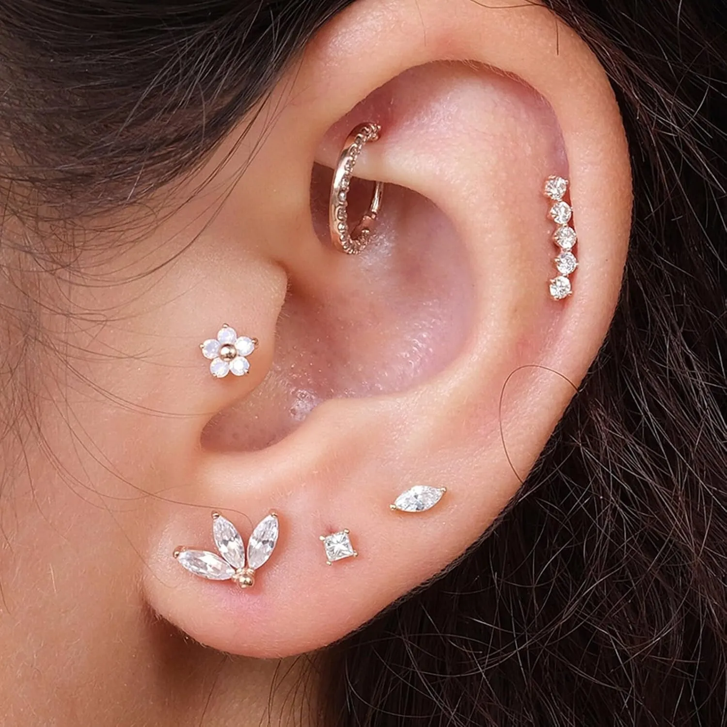 Marquise Gemstone Flat Back Earring for Women in 14K Solid Gold, CZ Stud Earring, Threaded Conch Tragus Helix Piercing Jewelry, Nose Ring 18g, Earring for Upper Ear Cartilage Piercing SINGLE STUD/PAIR