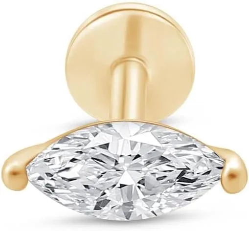 Marquise Gemstone Flat Back Earring for Women in 14K Solid Gold, CZ Stud Earring, Threaded Conch Tragus Helix Piercing Jewelry, Nose Ring 18g, Earring for Upper Ear Cartilage Piercing SINGLE STUD/PAIR