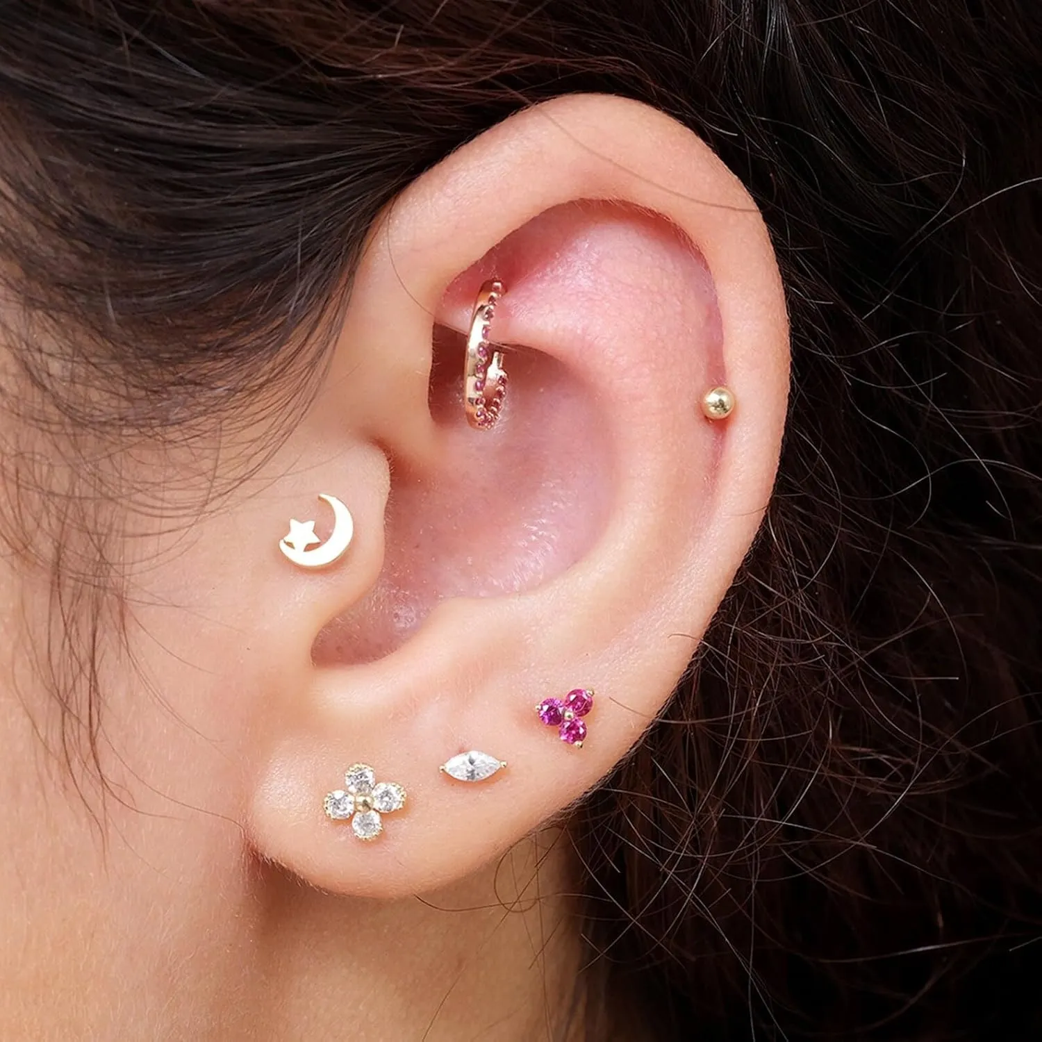 Marquise Gemstone Flat Back Earring for Women in 14K Solid Gold, CZ Stud Earring, Threaded Conch Tragus Helix Piercing Jewelry, Nose Ring 18g, Earring for Upper Ear Cartilage Piercing SINGLE STUD/PAIR
